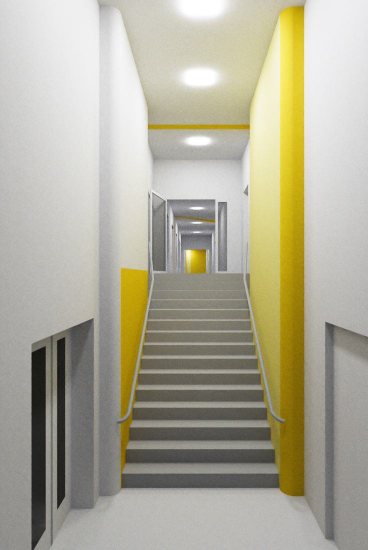 Im Treppenbereich begleitet die Farbspur den Weg nach oben und gibt ihm Rhythmus.